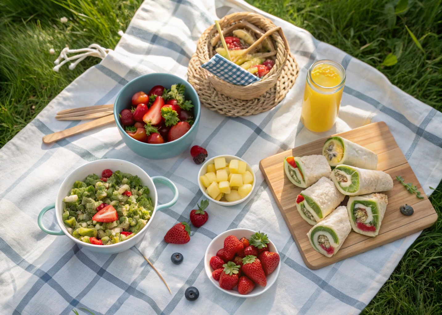 No cook picnic spread with wraps, fruit, and cold pasta in a sunny outdoor setting