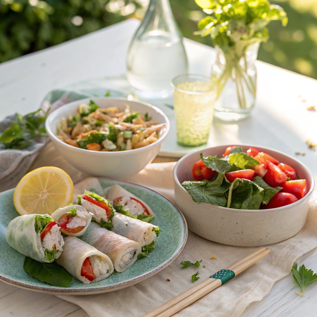 Fresh no oven dinners options like chicken salad and rice paper rolls