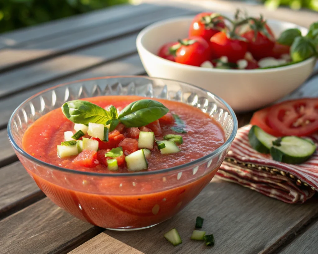 15 Easy & Delicious Summer Dinners to Beat the Heat and Satisfy Every Craving 3 Glass bowl of chilled gazpacho soup with diced veggies and basil