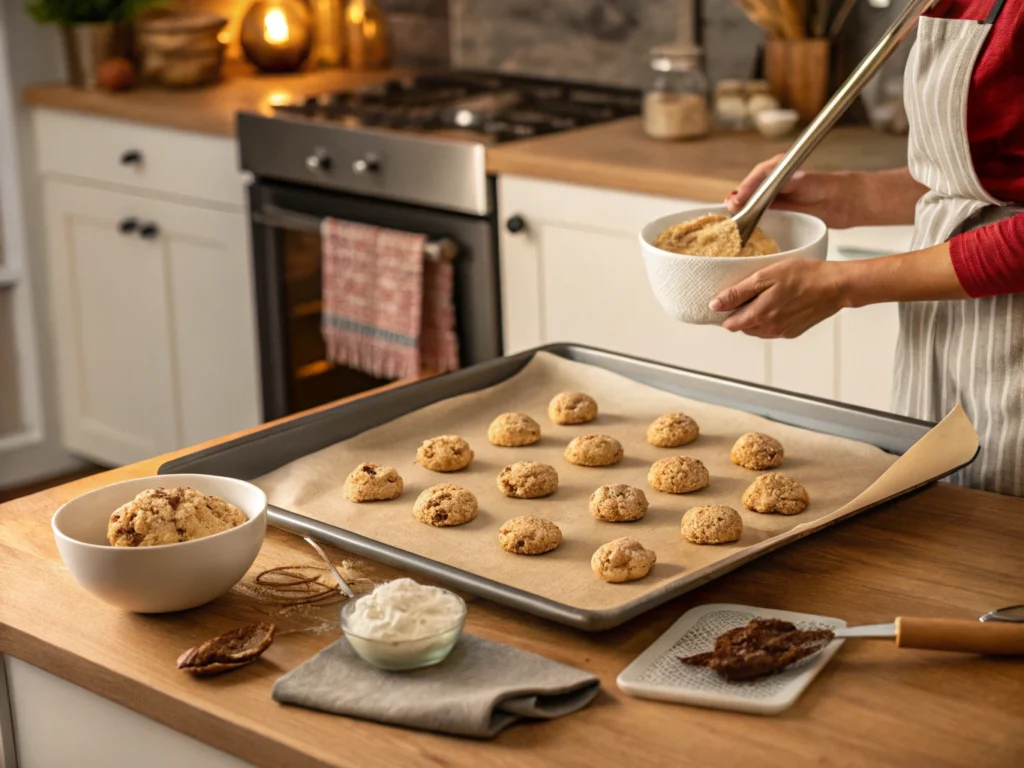 Person scooping cookie dough onto parchment-lined baking sheet ready for oven baking