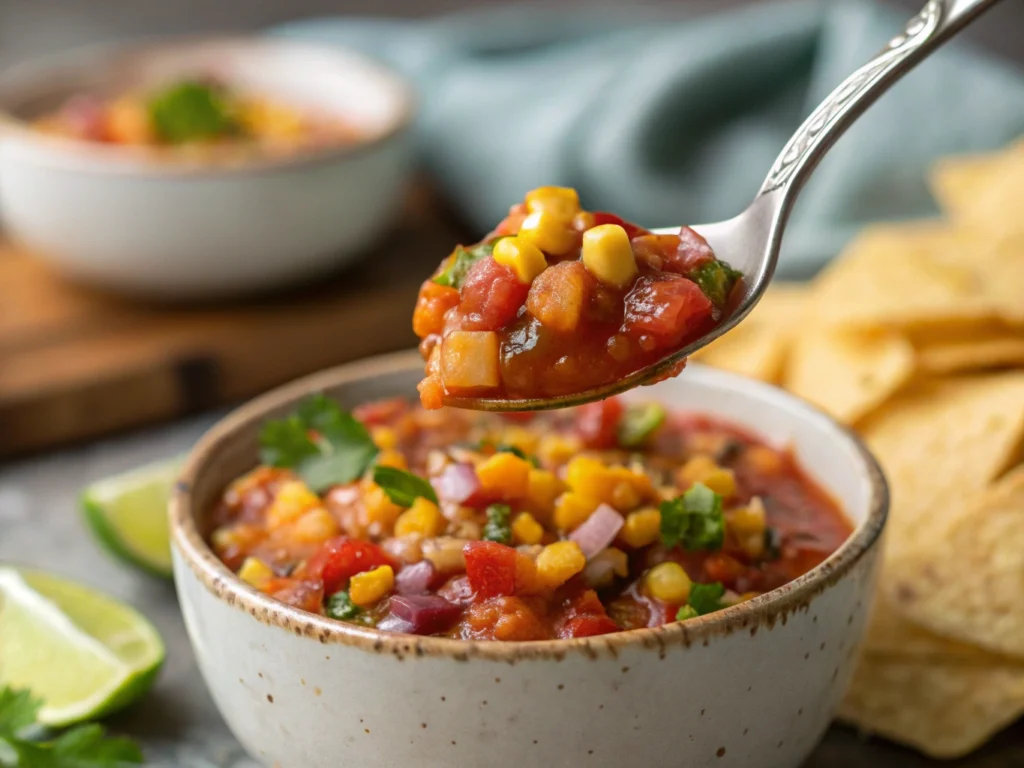 Close-up of a spoon scooping chipotle corn salsa with visible corn, onions, and peppers