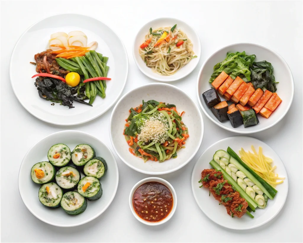 Collage of seven colorful vegetarian Korean dishes on white plates