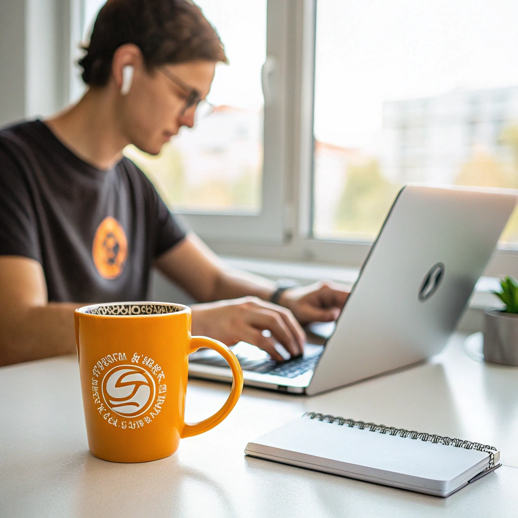 Energized person working with a cup of coffee loophole drink on desk
