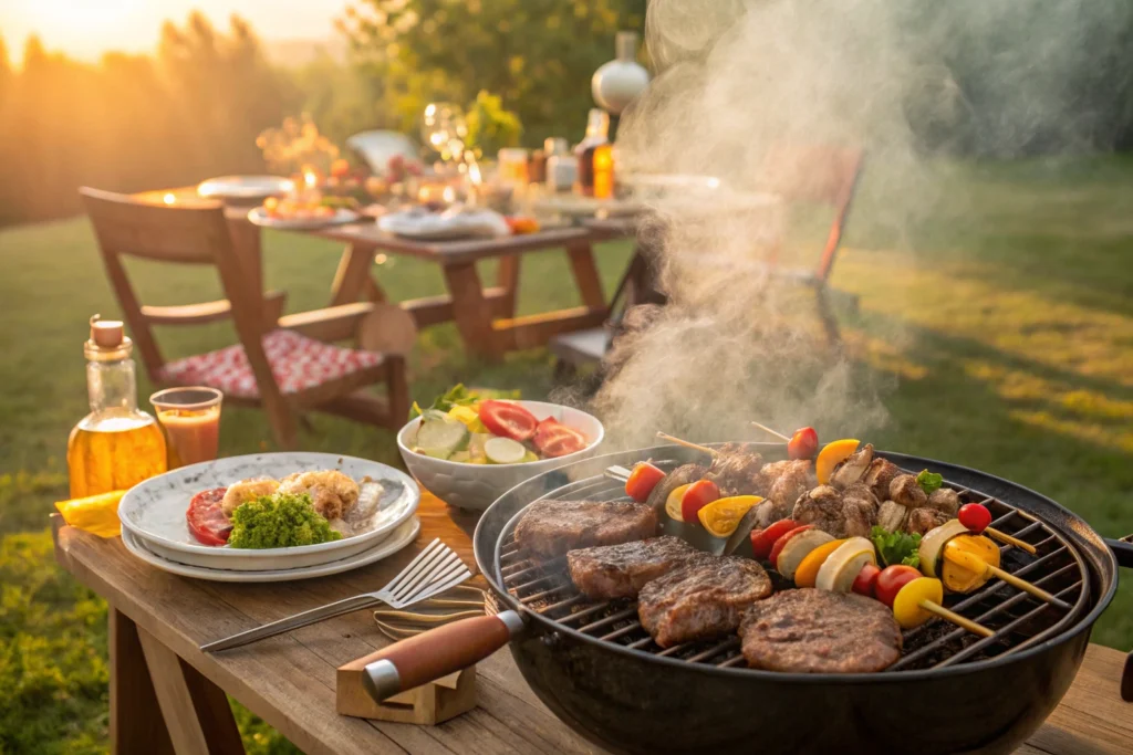 Backyard grill with meats and vegetables sizzling on a summer afternoon