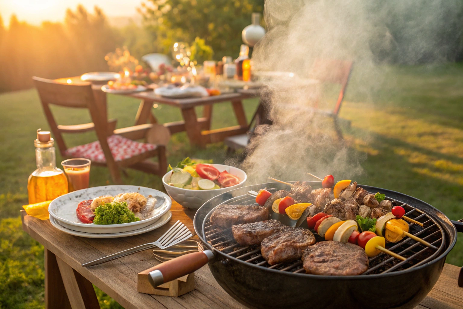 Backyard grill with meats and vegetables sizzling on a summer afternoon with Summer grilling ideas