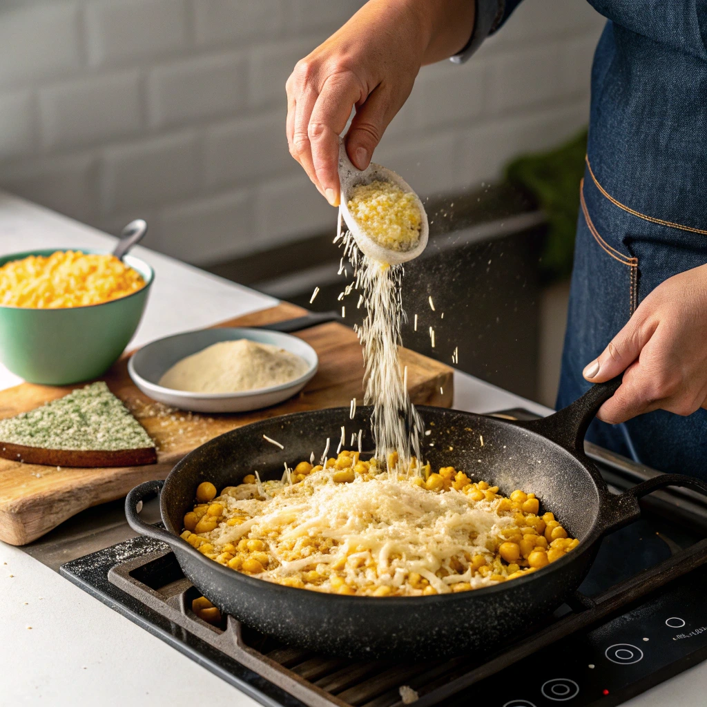 5 Easy Steps to Master the Korean Corn Cheese Recipe at Home 10 Adding mozzarella cheese to Korean corn cheese in skillet