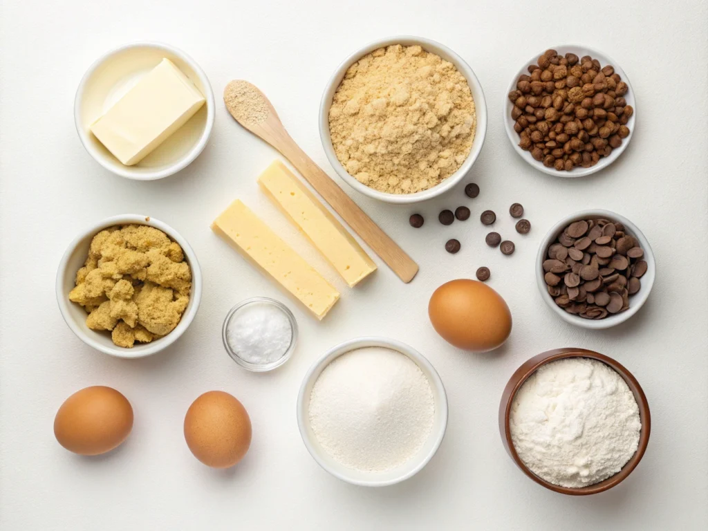 Flat lay of all ingredients needed to bake Toll House cookies including butter, sugar, eggs, flour, and chocolate chips