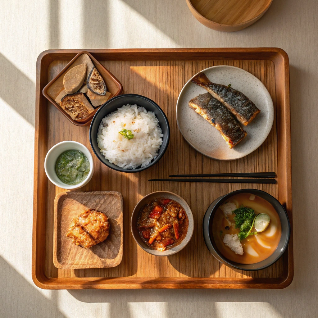 A traditional Korean breakfast table with rice, soup, and side dishes