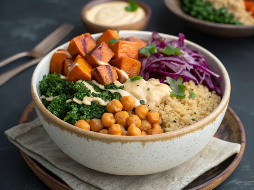 Delicious Bowl Meals for Busy Days – Ready in 20 Minutes or Less! 6 A healthy vegan bowl meal with quinoa, sweet potatoes, chickpeas, kale, and tahini.