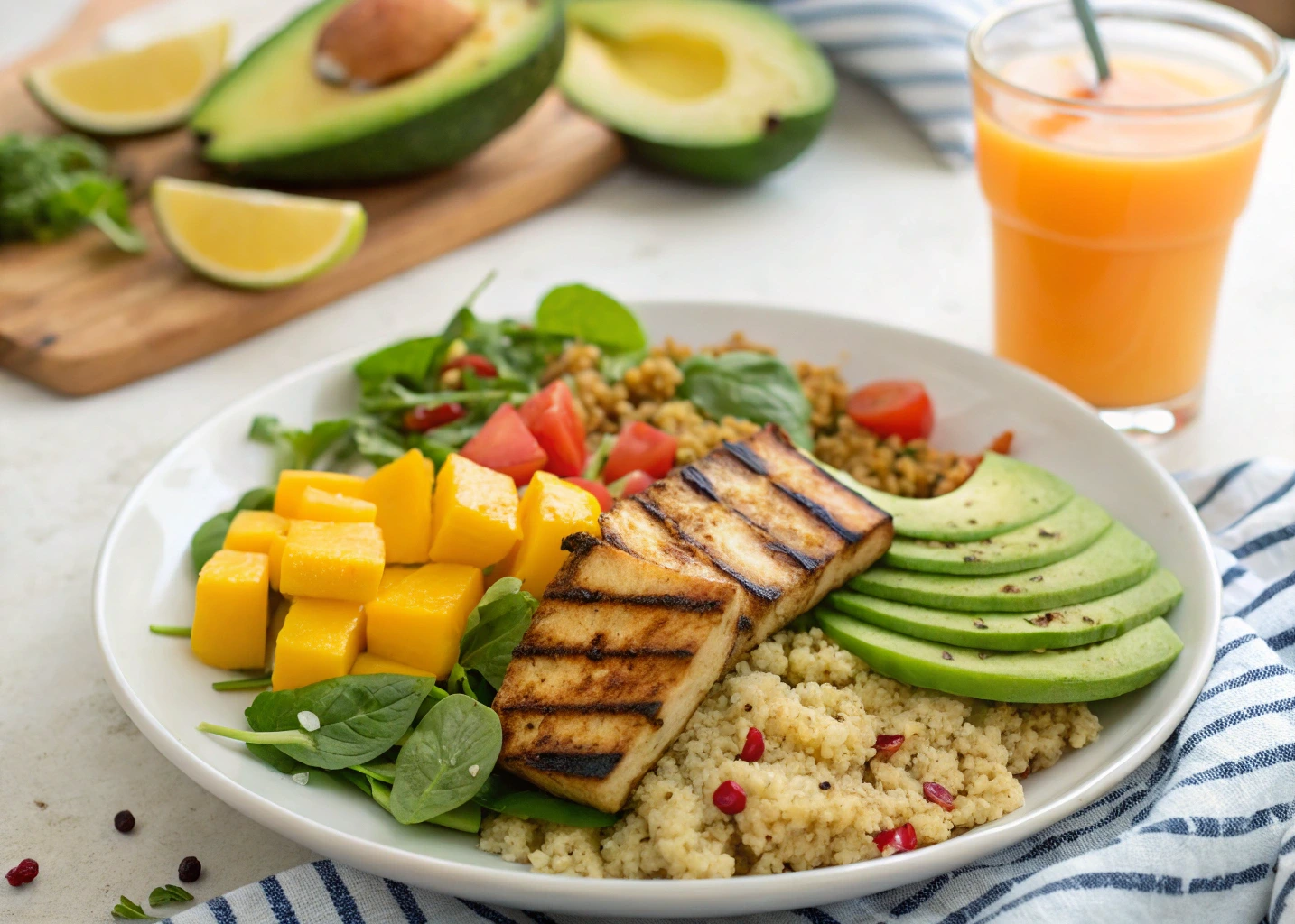 Vegan summer dinner with grilled tofu and tropical flavors