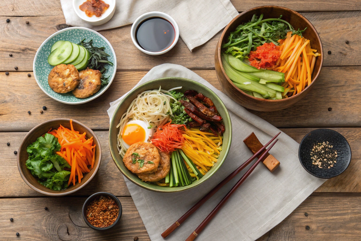 Overhead view of colorful vegetarian korean food including bibimbap and kimchi pancakes