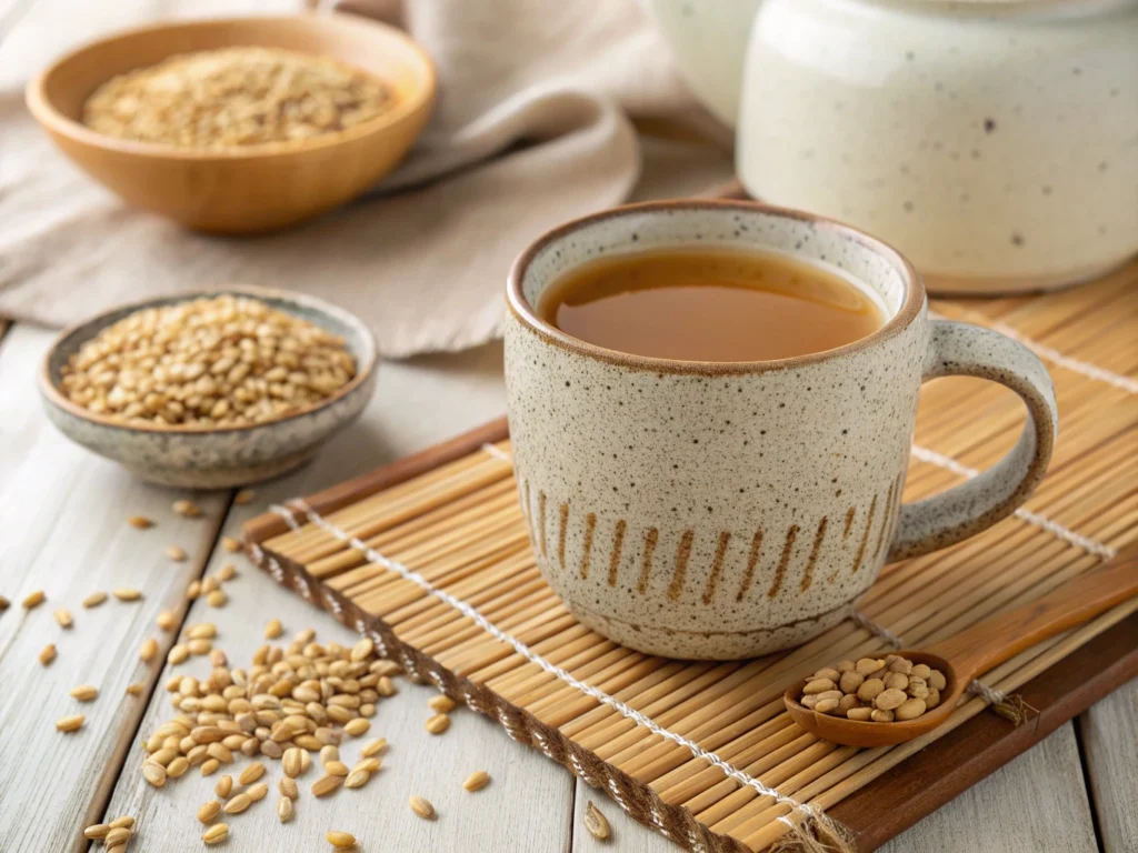 A steaming cup of Korean roasted barley tea in a ceramic cup