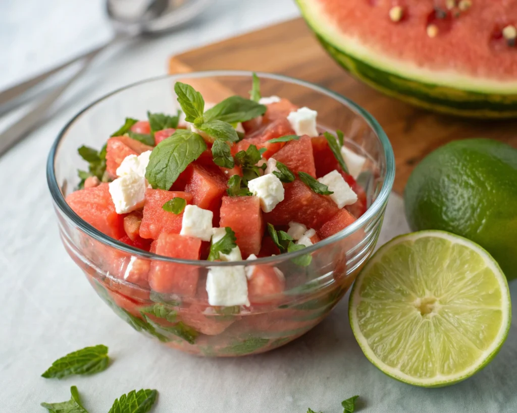 Watermelon, feta, and mint salad served chilled with lime wedges