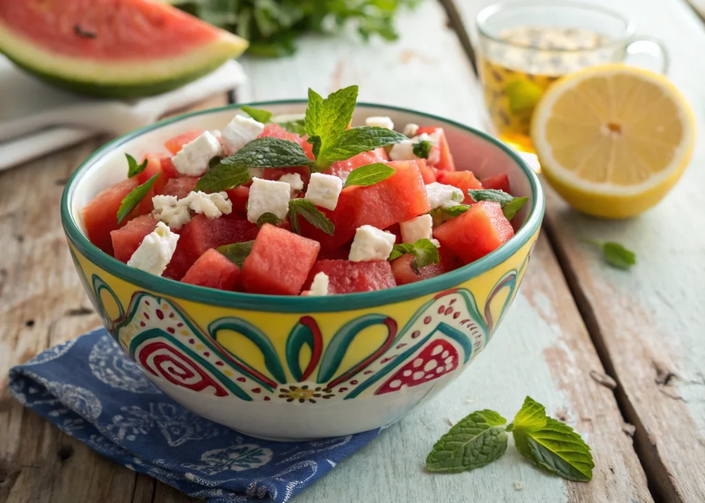 15 Easy & Delicious Summer Dinners to Beat the Heat and Satisfy Every Craving 2 Bowl of watermelon feta salad with fresh mint and lemon wedge