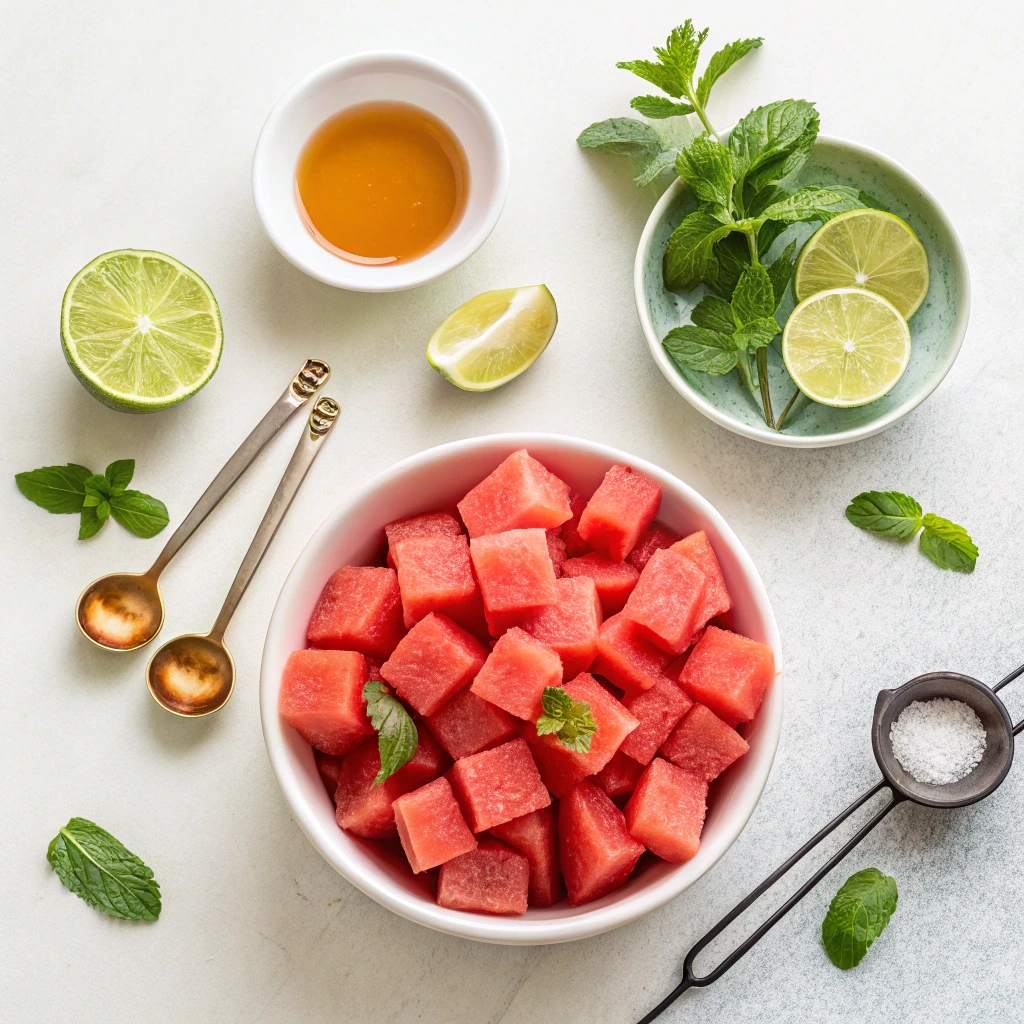 Fresh ingredients for watermelon sorbet including cubed watermelon, lime, and mint