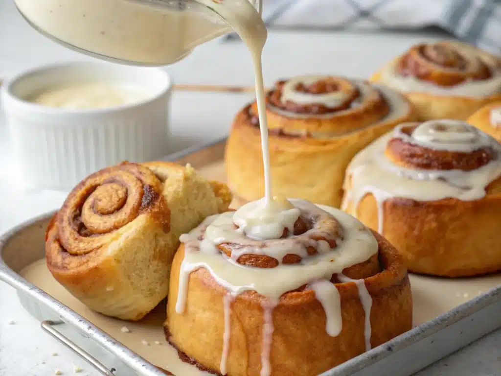 Close-up of icing being poured over warm cinnamon rolls