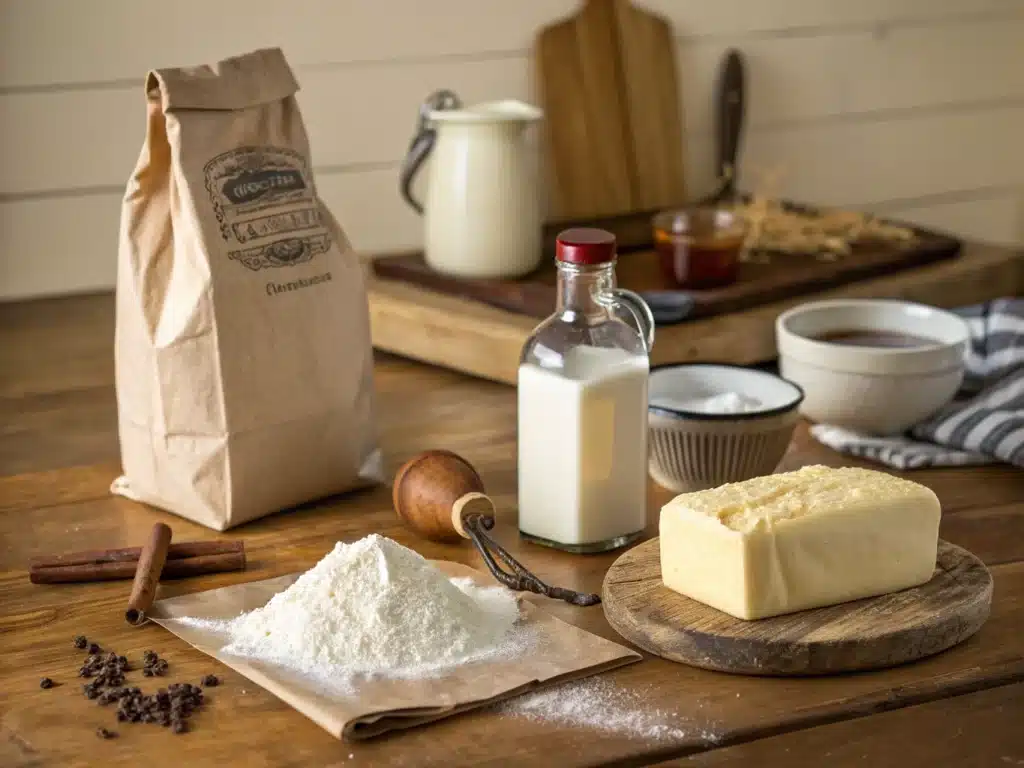 Ingredients for making cinnamon roll icing on a kitchen counter