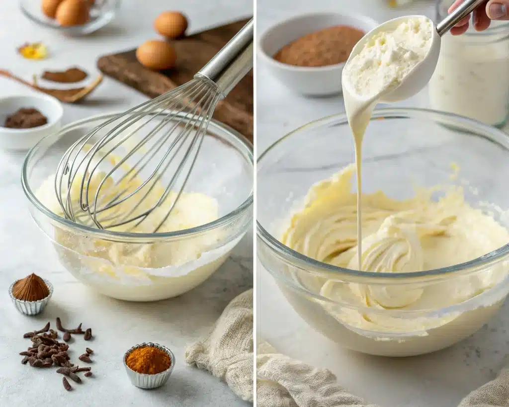 Hand whisking icing ingredients in a glass bowl
