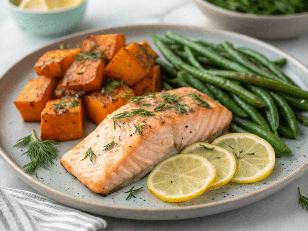baked salmon with sweet potato green beans Healthy Dinner Recipes: Easy, Nourishing Meals for Every Night